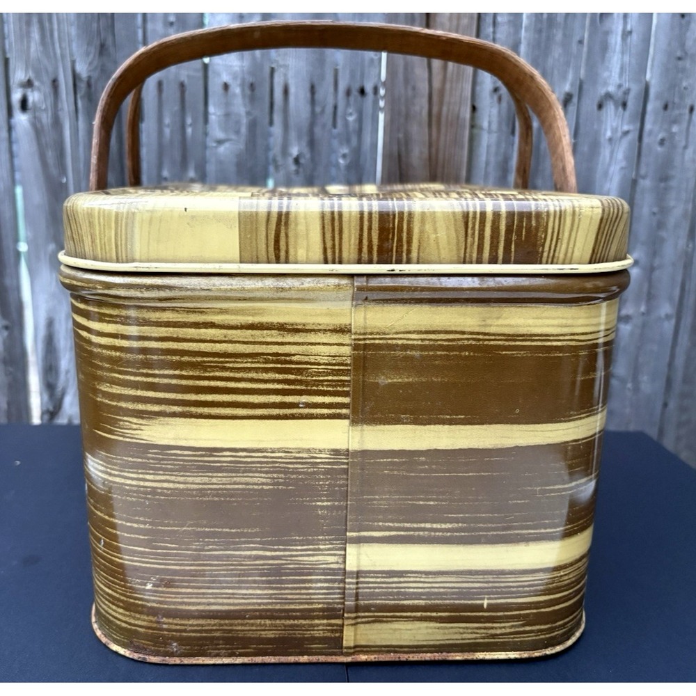 Vintage tin litho wood grain picnic basket hinged lid box wood handles retro - Picture 4 of 8